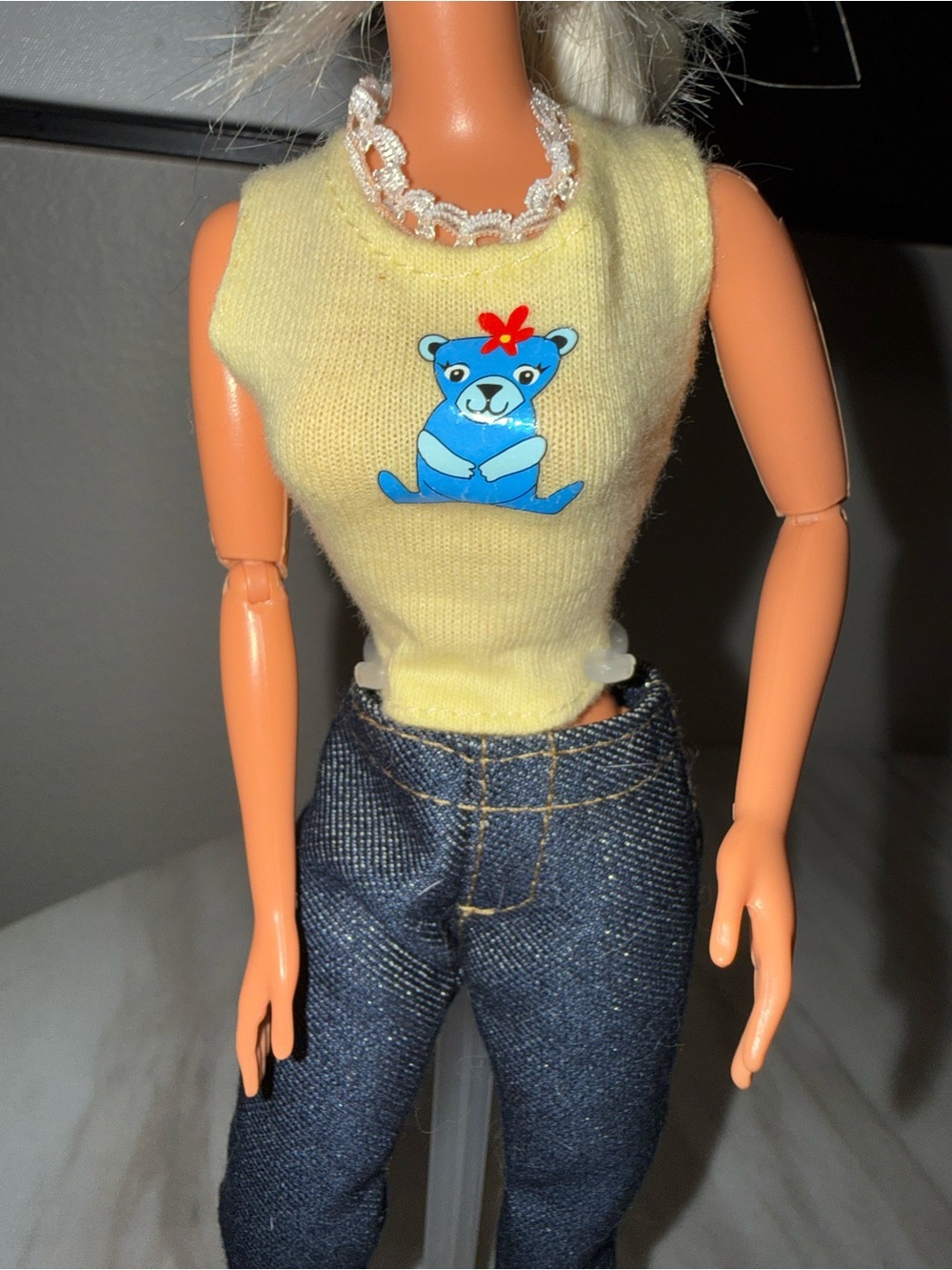 Barbie Mattel Yellow Teddy Bear Top Blue Jeans White Heels